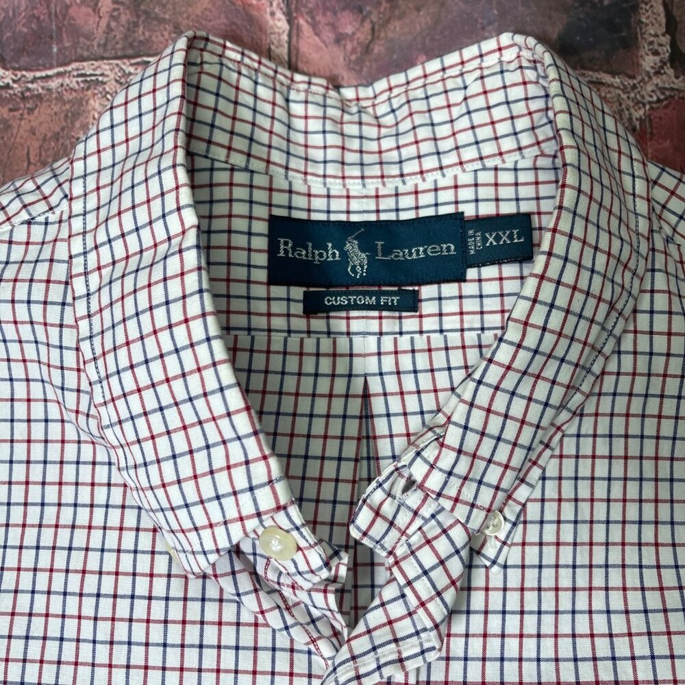 Polo Ralph Lauren XXL Custom Fit Oxford Shirt Red White Blue Plaid 100% Cotton - Picture 4 of 6